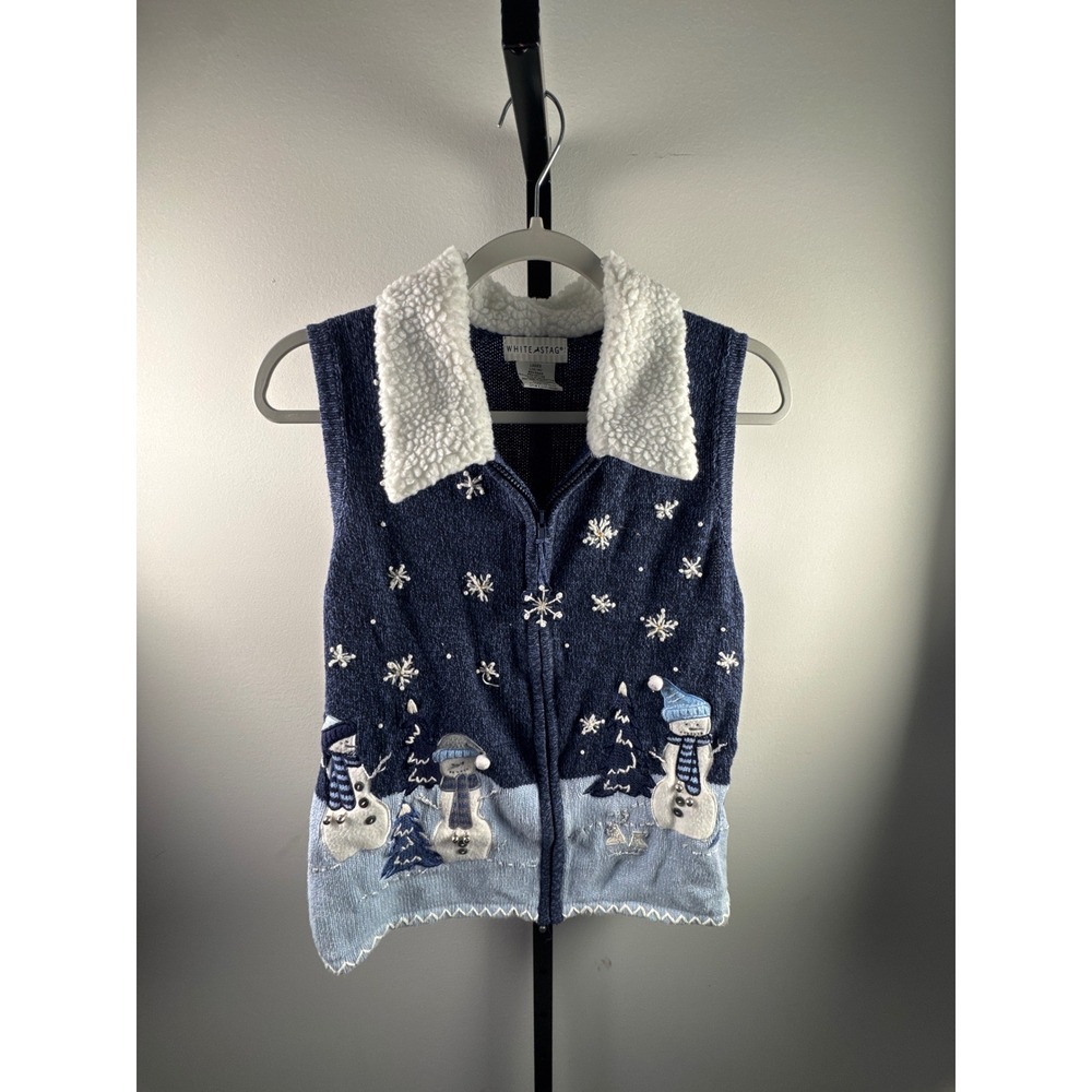 White Stag Vintage Christmas Snowman Sweater Vest Navy Blue Sherpa Collar Large